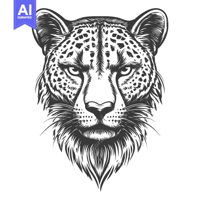 Aset premium populer: Black and White Illustration of a Cheetah's Head with Detailed Fur and
