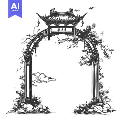Aset premium populer: Black and White Illustration of a Chinese Archway with Floral and Clou
