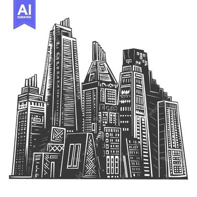 Premium design asset: Black and White Illustration of a City Skyline with Tall Buildings