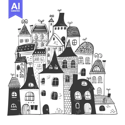 Aset premium populer: Black and White Illustration of a Cluster of Whimsical Houses