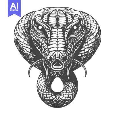 Aset premium populer: Black and White Illustration of a Cobra's Head with Fangs