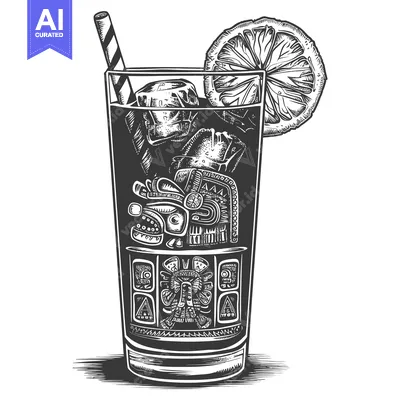 Popular premium asset: Black and White Illustration of a Cocktail with Aztec-Inspired Design