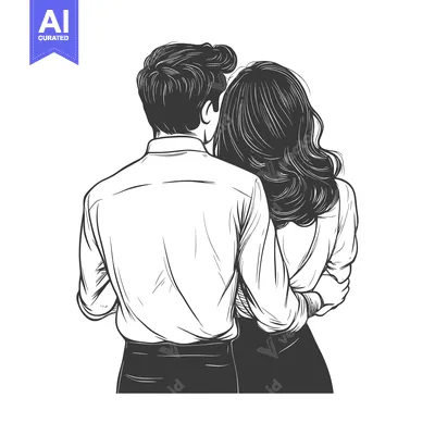 Aset desain premium: Black and white illustration of a couple embracing from behind
