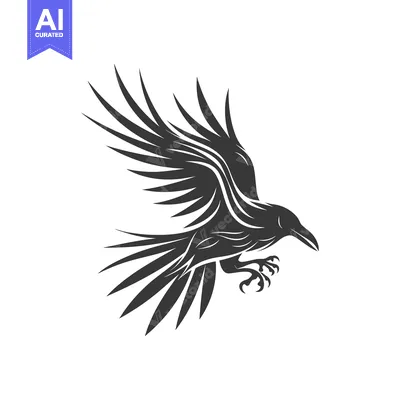 Aset desain premium: Black and white illustration of a crow in flight