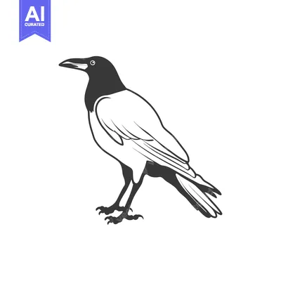 Popular premium asset: Black and white illustration of a crow standing on a white background