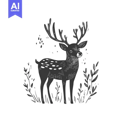 Premium design asset: Black and White Illustration of a Deer in a Forest Setting