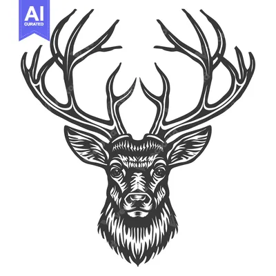 Aset desain premium: Black and white illustration of a deer's head with large antlers