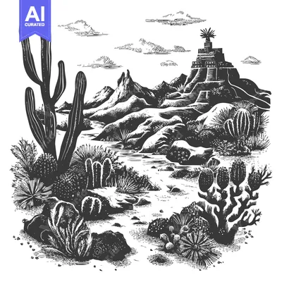 Aset premium populer: Black and White Illustration of a Desert Landscape with Cacti and Moun