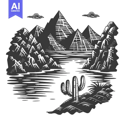 Premium design asset: Black and White Illustration of a Desert Oasis with a Cactus and Mount