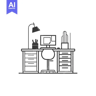 Aset desain premium: Black and White Illustration of a Desk with a Computer and Chair