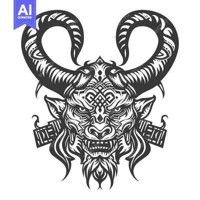 Aset premium populer: Black and White Illustration of a Detailed Monster Face with Horns