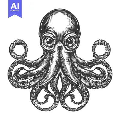 Aset desain premium: Black and White Illustration of a Detailed Octopus
