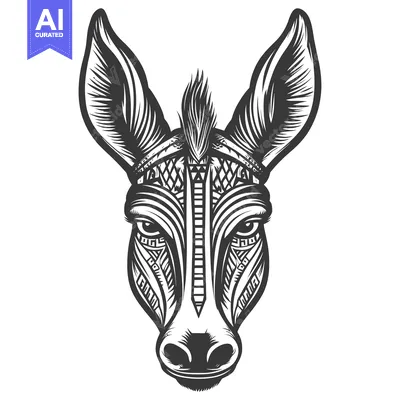 Aset premium populer: Black and White Illustration of a Donkey's Head with Tribal Patterns