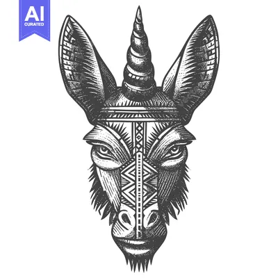 Aset desain premium: Black and White Illustration of a Donkey with a Spiral Horn