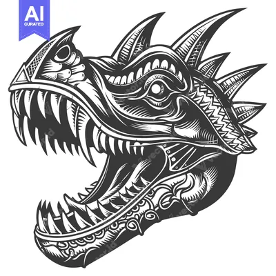 Aset premium populer: Black and White Illustration of a Dragon Head with an Open Jaw
