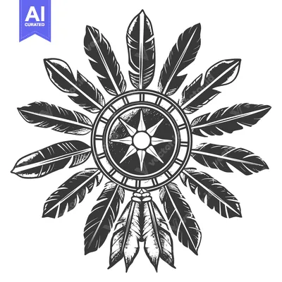 Aset desain premium: Black and White Illustration of a Dreamcatcher with Feathers