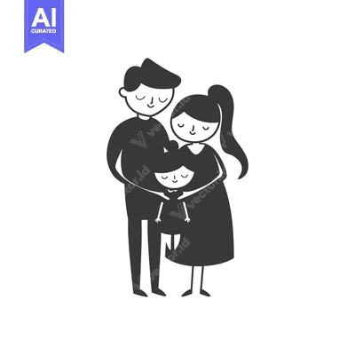Aset premium populer: Black and White Illustration of a Family with a Father, Mother, and Da