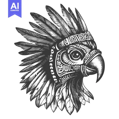 Aset premium populer: Black and White Illustration of a Feathered Eagle Head with Aztec Patt