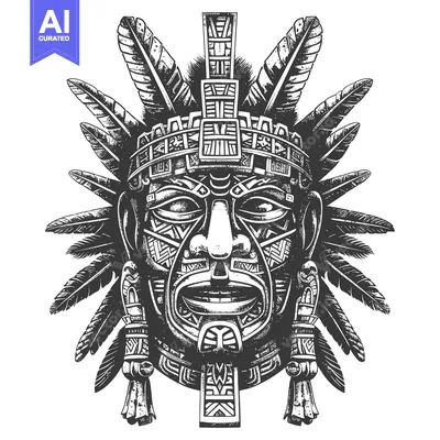 Aset premium populer: Black and White Illustration of a Feathered Mayan Mask