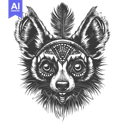 Premium design asset: Black and White Illustration of a Ferocious Animal Head with a Feather