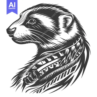 Aset premium populer: Black and White Illustration of a Ferret Head with Tribal Pattern