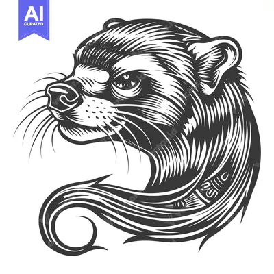 Aset desain premium: Black and White Illustration of a Ferret with its Tail Swirling Behind