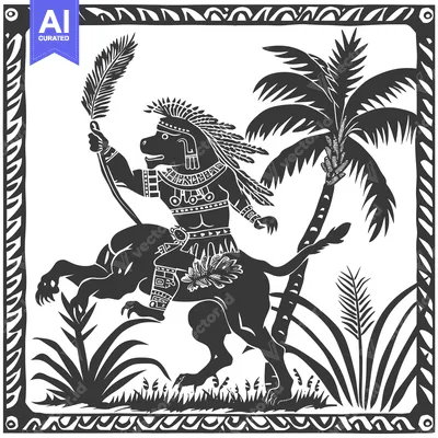 Aset premium populer: Black and White Illustration of a Figure Riding a Beast in a Tropical