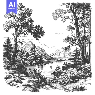 Popular premium asset: Black and White Illustration of a Forest Scene with a River and Mounta