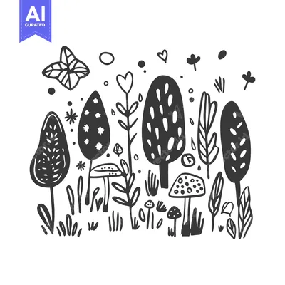 Aset desain premium: Black and White Illustration of a Forest with Mushrooms and Flowers