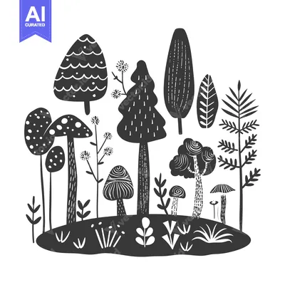Aset desain premium: Black and White Illustration of a Forest with Trees and Mushrooms