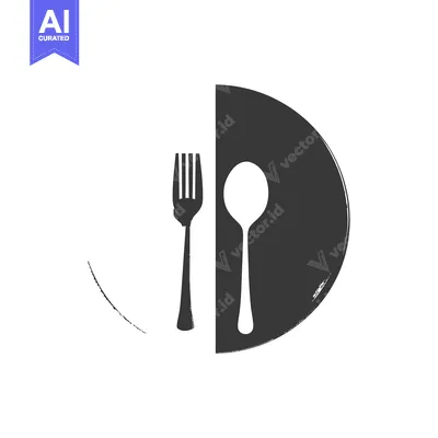 Premium design asset: Black and White Illustration of a Fork and Spoon on a Plate