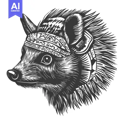 Black and White Illustration of a  Fox's Head with a Tribal Bandana