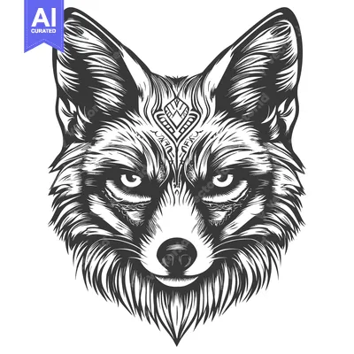 Aset premium populer: Black and White Illustration of a Fox's Head with Detailed Fur and Tri