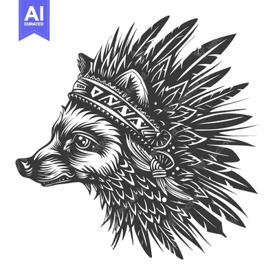 Premium design asset: Black and White Illustration of a Fox with a Feather Headband