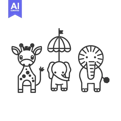 Aset desain premium: Black and White Illustration of a Giraffe, Elephant, and Lion