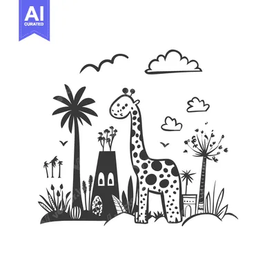 Aset desain premium: Black and White Illustration of a Giraffe in a Jungle Setting