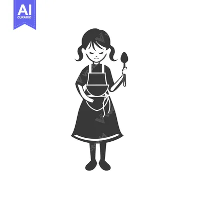 Aset desain premium: Black and White Illustration of a Girl Wearing an Apron and Holding a