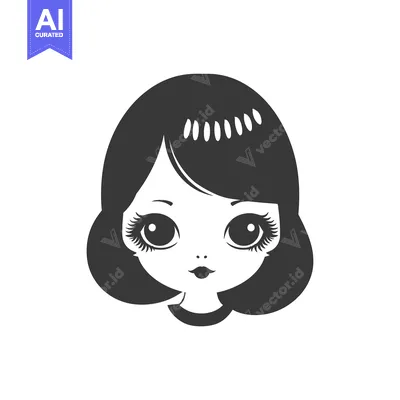 Aset premium populer: Black and White Illustration of a Girl with Big Eyes and Short Hair