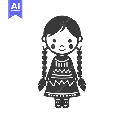 Aset premium populer: Black and White Illustration of a Girl with Braids in Traditional Clot