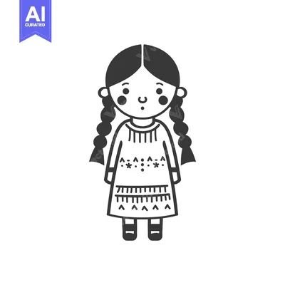 Aset desain premium: Black and White Illustration of a Girl with Braids Wearing a Patterned