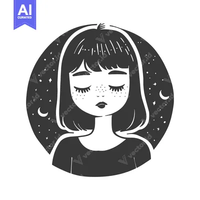 Aset premium populer: Black and White Illustration of a Girl with Closed Eyes in a Night Sky