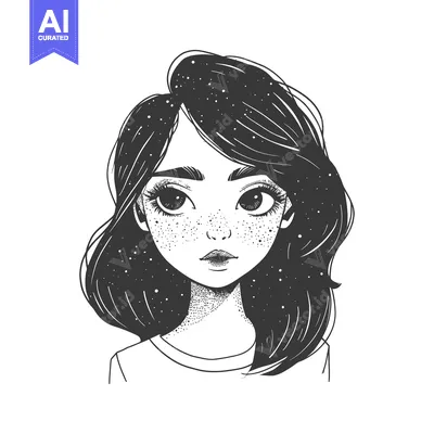 Aset premium populer: Black and White Illustration of a Girl with Freckles and Starry Hair
