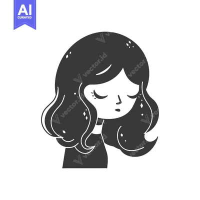 Aset desain premium: Black and White Illustration of a Girl with Long Hair