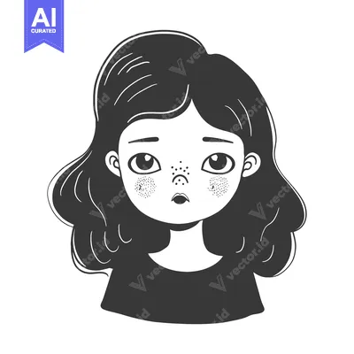 Premium design asset: Black and white illustration of a girl with long wavy hair and freckle