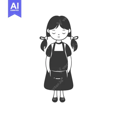 Aset desain premium: Black and White Illustration of a Girl with Pigtails