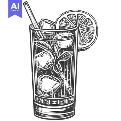 Aset premium populer: Black and White Illustration of a Glass of Iced Tea with Lemon and a S