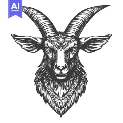 Black and White Illustration of a Goat's Head with Horns and an Ornate