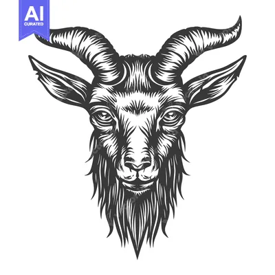 Aset premium populer: Black and White Illustration of a Goat's Head with Large Horns