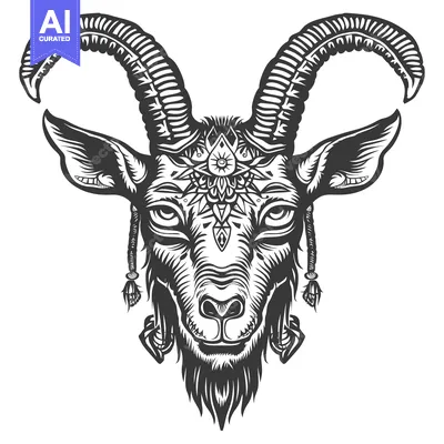Aset desain premium: Black and White Illustration of a Goat's Head with Ornate Horns and a