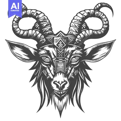Aset premium populer: Black and White Illustration of a Goat Skull with Curved Horns and Geo